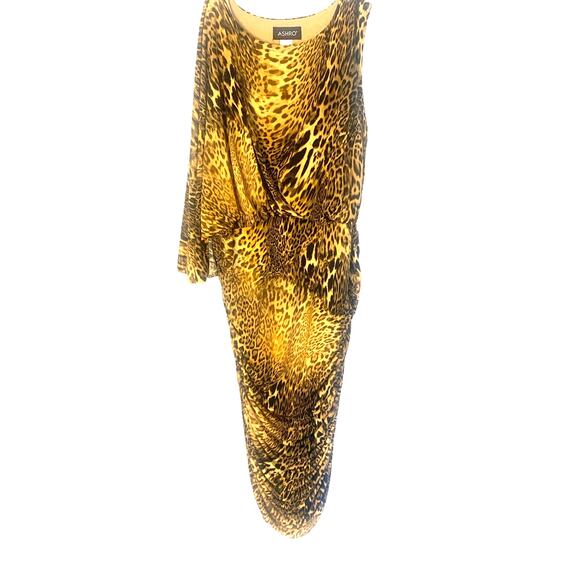 ASHRO Leopard Dress 18 Black / Gold Bodycon Cape Sleeve Tuck Front Sexy Elegant - Picture 1 of 11